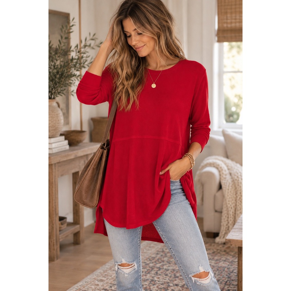 J.Jill Red Wool Blend Long Tunic Sweater Size L  Side Slit Classic Oversized